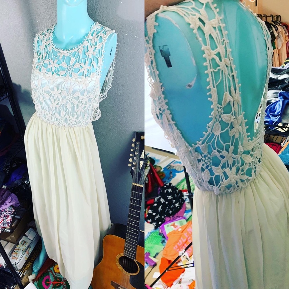 Beautiful boho Crochet HIPPIE Top IVORY Maxi EMBROIDERED Dress